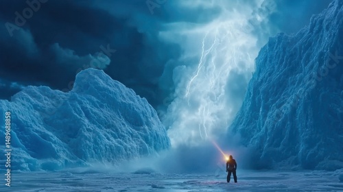 Cinematic frozen lightning storm with laser-eyed hero defying nature - man stops lightning strike against ice wall as mysterious figure watches from snowy peak
