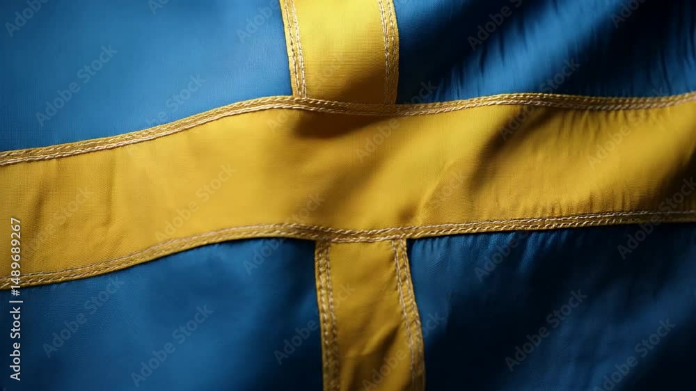 Swedish flag waves gently in the breeze showcasing national colors of blue and yellow