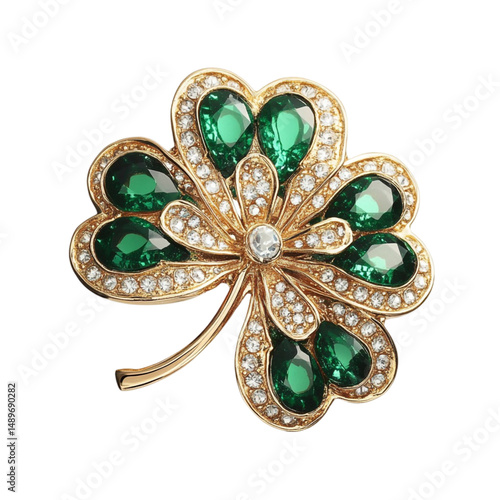 Gold clover brooch adorned with green gems and diamonds a luxurious accessory