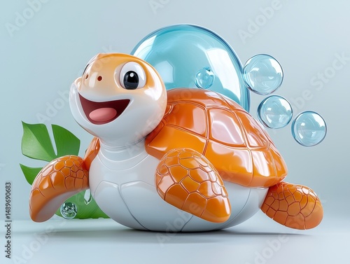 Playful Orange Cartoon Turtle with Bubbles and Tropical Leaf