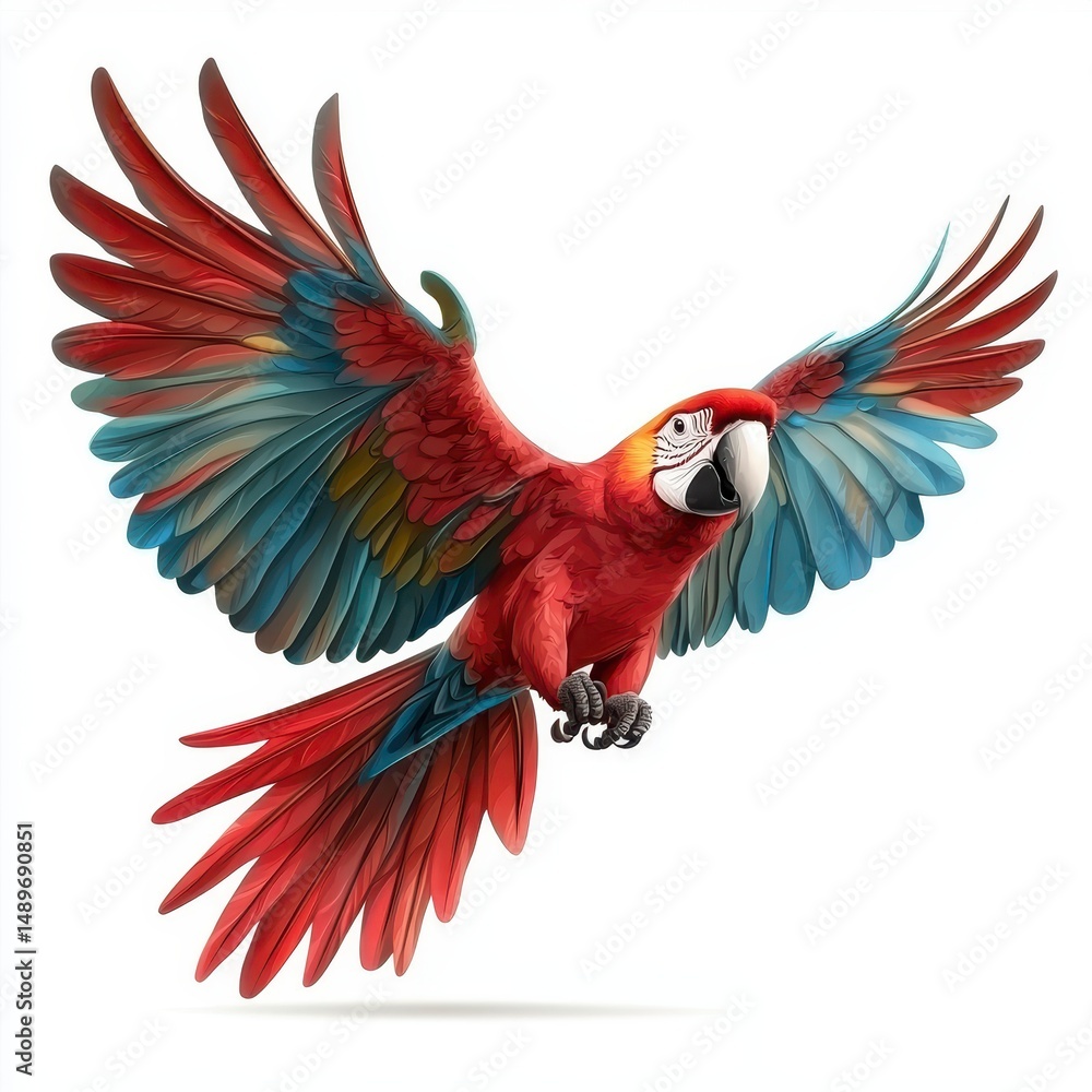 Obraz premium Red And Blue Macaw In Flight Against White Background