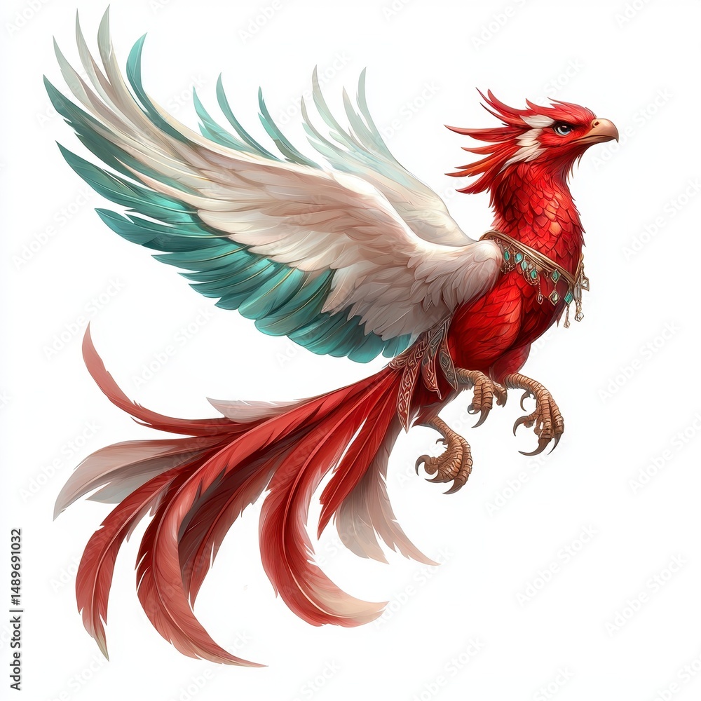 Obraz premium Red And White Phoenix Bird In Flight With Gold Jewelry On White Background