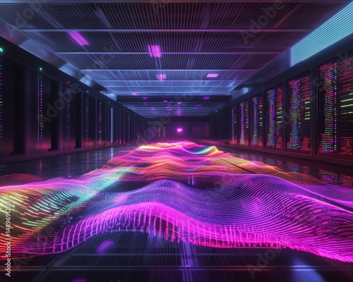 Holographic Waveforms Visualized as Data Streams in a Futuristic Cyber Network