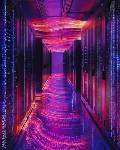 Glowing Pathways Inside a Data Center with Binary Code Visualization