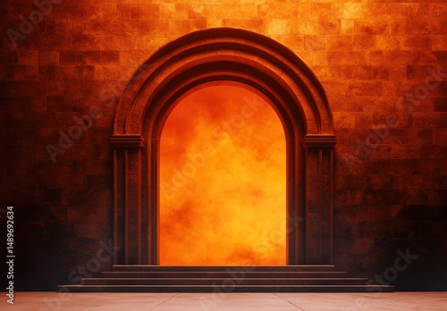 Fiery Entrance with Arched Frame and Glowing Flames in Background