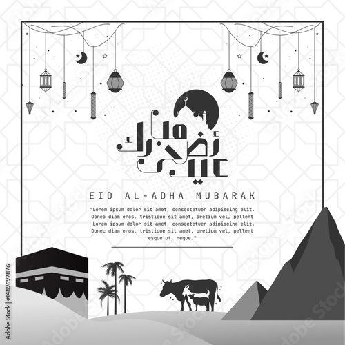 Eid al adha Mubarak Greetings Card in Black and White. Happy Eid Adha greeting Translated in Arabic text typography and calligraphy. Abstract Vector Illustration for greeting card, poster and banner.