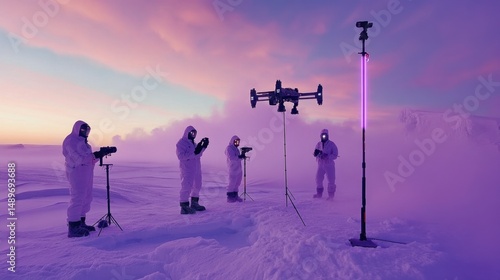 Arctic film crew in white snowsuits illuminated by purple LED glow, capturing tundra landscape with tripods as fog drone hovers overhead
