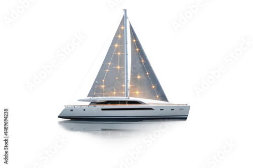 PNG Elegant sailboat with illuminated sails reflecting on calm water at night