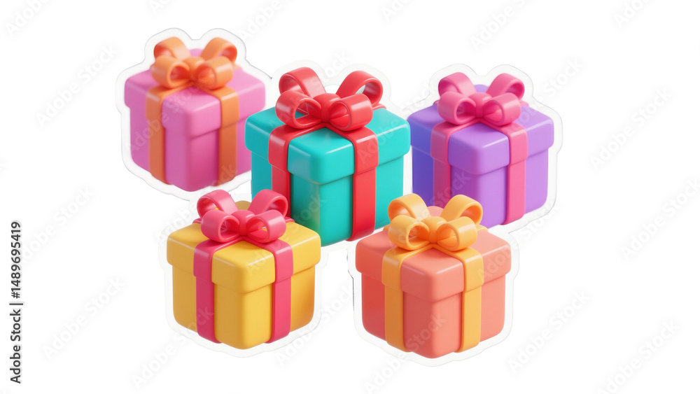 Fototapeta premium Gift Boxes - Colorful Wrapped Present Boxes - Surprise, Holiday, Isolated On White Transparent Background PNG Object Cut Out Social Media Modern Minimal Editable Banner Label Poster 4K Download