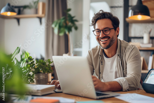 Homme souriant travaillant sur ordinateur portable à domicile dans un environnement lumineux et chaleureux, ambiance de télétravail moderne et détendue