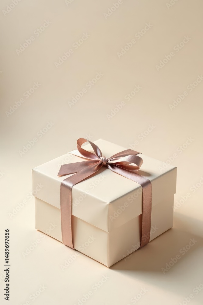 Obraz premium A delicately wrapped present, a square box adorned with a blush-toned satin ribbon, sits on a neutral backdrop, ready for a special occasion.