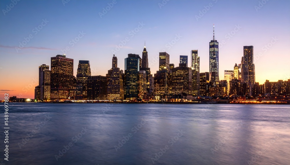 Obraz premium Urban skyline at twilight, reflecting on tranquil water.