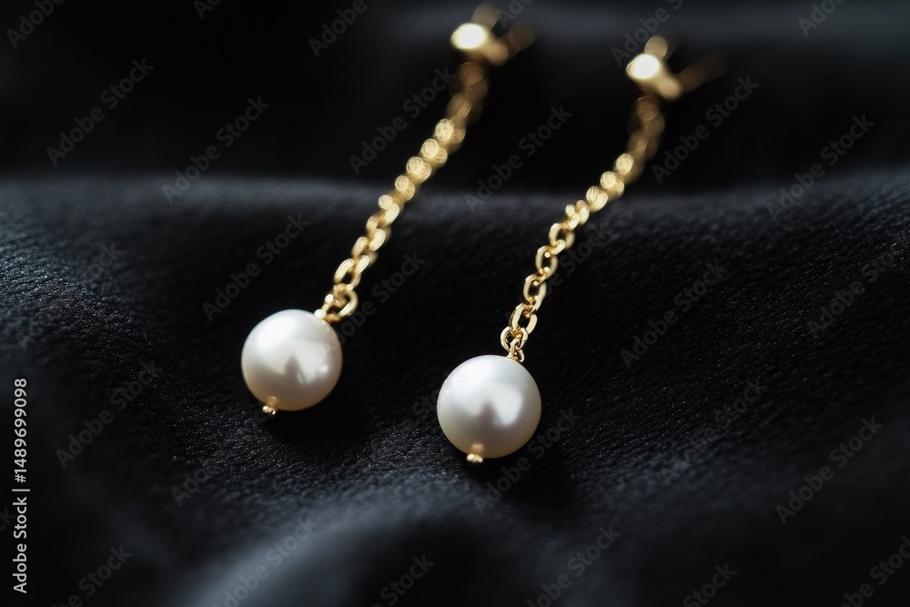 Delicate gold chain earrings with pearls on dark fabric. Delicate gold chain earrings with pearls on dark fabric.
