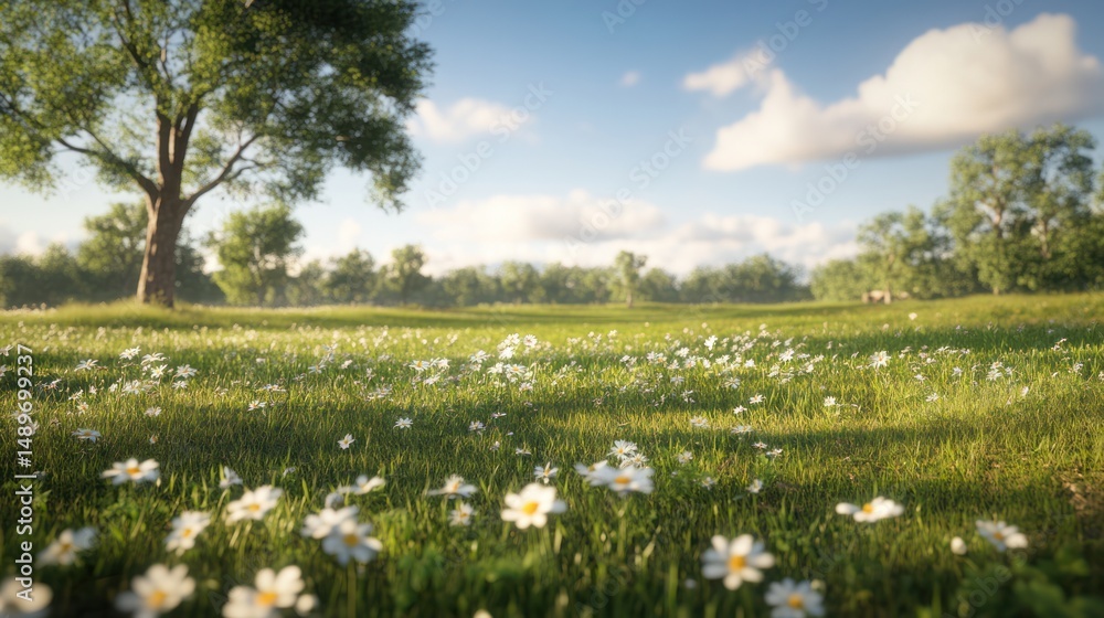 Sunny meadow, daisies, trees, peaceful landscape, spring background Sunny meadow, daisies, trees, peaceful landscape, spring background