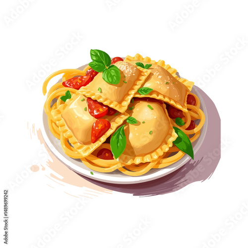 Delicious ravioli with spaghetti and tomatoes