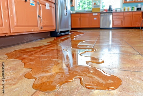 A large liquid spill spreads across a kitchen tile floor, creating a messy and potentially hazardous situation.