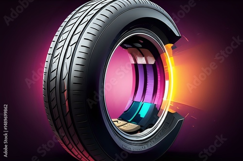 A captivating close-up shot of a tire, meticulously detailed, reveals its inner layers in vibrant, contrasting colors against a dark background, creating a visually striking image.