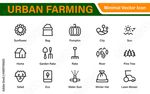 Modern Urban Farming Icons for Community Gardens – Clean Outline, Line Art, Vector Illustrations for Sustainable Farming, Urban Green Projects, and Apps