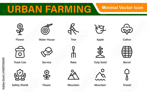 Modern Urban Farming Icons for Community Gardens – Clean Outline, Line Art, Vector Illustrations for Sustainable Farming, Urban Green Projects, and Apps