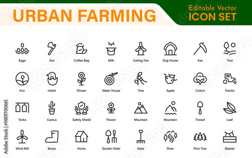 Modern Urban Farming Icons for Community Gardens – Clean Outline, Line Art, Vector Illustrations for Sustainable Farming, Urban Green Projects, and Apps