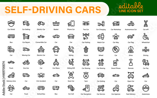 Autonomous Vehicles Self-Driving Car Icons – Minimal Line Vector Illustrations for Smart Transportation, Electric Cars, Future Mobility.