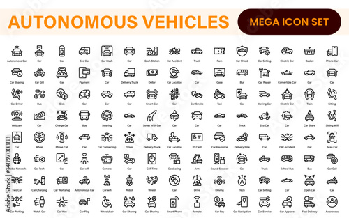 Autonomous Vehicles Self-Driving Car Icons – Minimal Line Vector Illustrations for Smart Transportation, Electric Cars, Future Mobility.