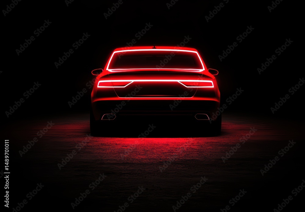 Naklejka premium Sleek Red Illuminated Car Silhouette on Dark Background