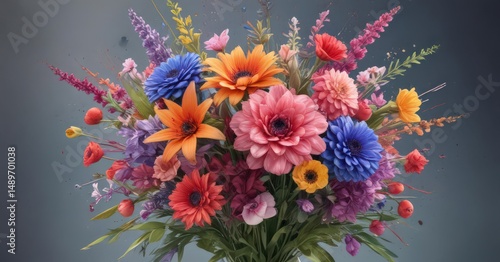 Exploding watercolor floral bouquet, vivid hues, watercolor,  blue