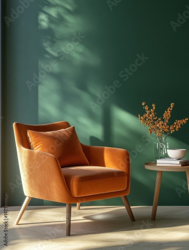A bright orange armchair sits in a room