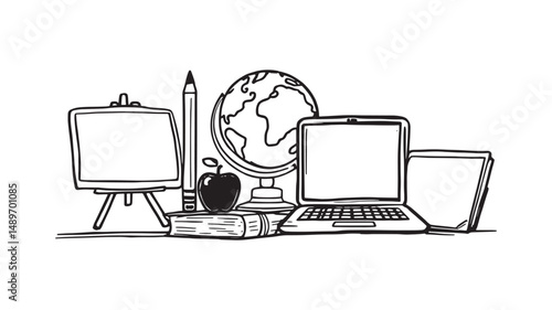 Homeschooling Scen line art kids at home