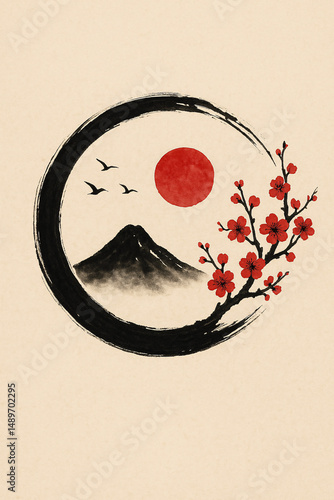 Serene cherry blossom and mount fuji art japan ink painting minimalist design aesthetic view nature concept