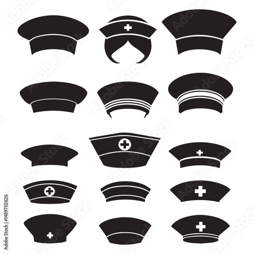set of black various nurse hat vector silhouettes isolated on white background