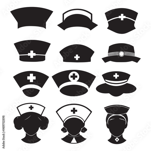 set of black various nurse hat vector silhouettes isolated on white background