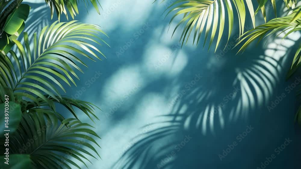 a blue background with palm leaves' shadow on the wall. Summer tropical concept a blue background with palm leaves' shadow on the wall. Summer tropical concept