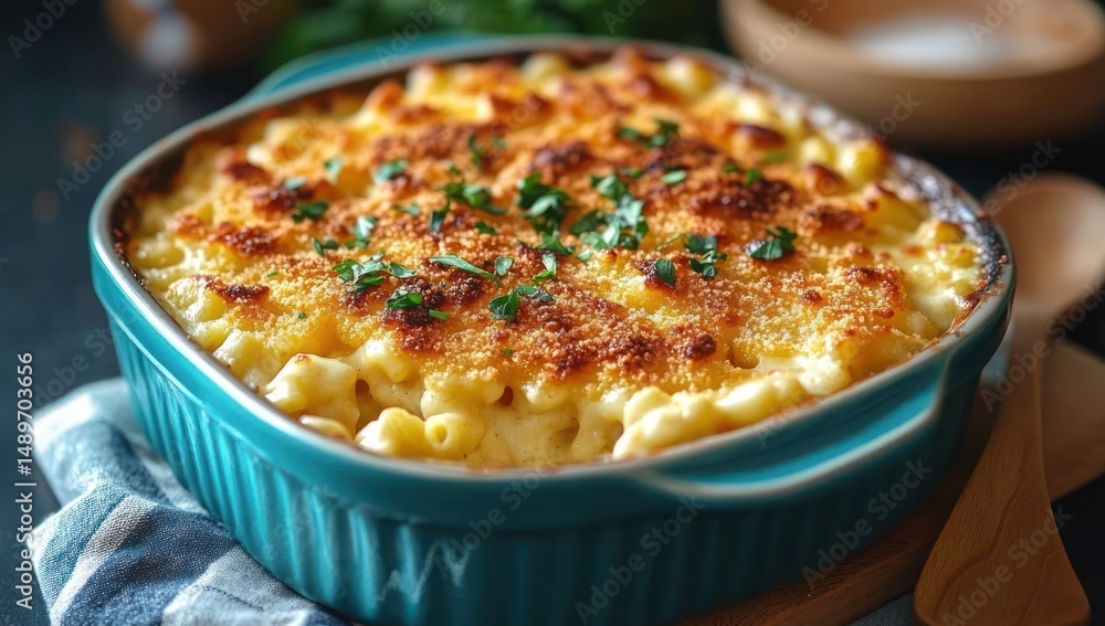 Baked macaroni and cheese in a turquoise ceramic dish topped with golden brown crispy crust and garnished with fresh parsley leaves Baked macaroni and cheese in a turquoise ceramic dish topped with golden brown crispy crust and garnished with fresh parsley leaves