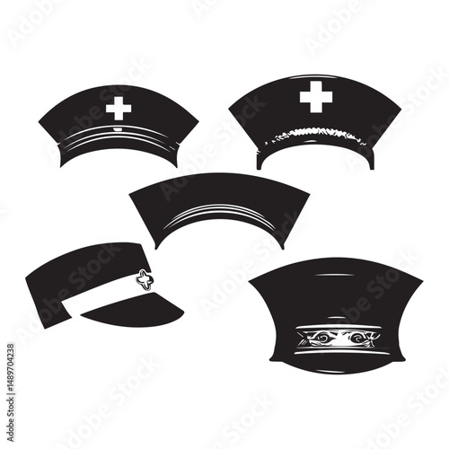 set of black various nurse hat vector silhouettes isolated on white background