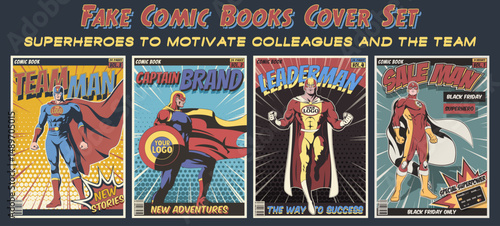 Superheroes Fake Comics Cover Set. Captain Brand, Sale Man, Leaderman, Team Man Illustrations. Vector Templates for Your Corporate Posters, Postcards