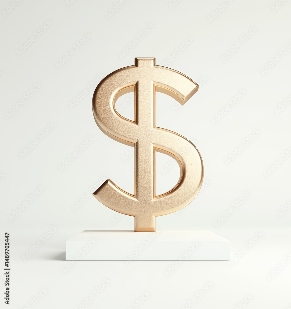 Obraz premium Golden Dollar Sign Sculpture on White Background in Minimalist Style