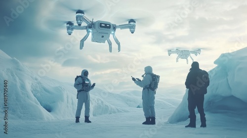 Futuristic research team with drones in Arctic wasteland - cinematic sci-fi photography of human-machine collaboration in frozen extremes
