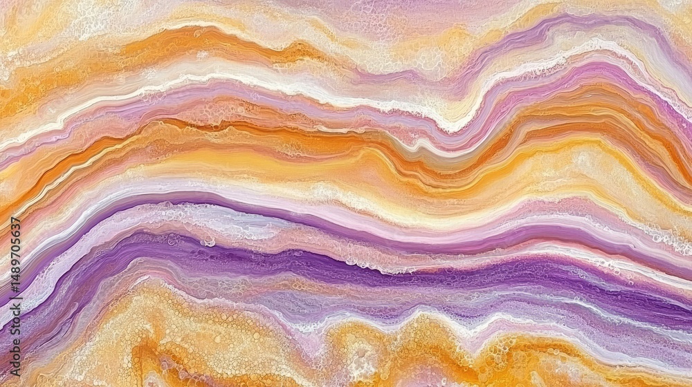Abstract fluid art painting with swirling, layered hues of orange, purple, and white Abstract fluid art painting with swirling, layered hues of orange, purple, and white