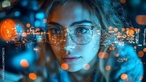 Senior Woman in Glasses Examining Abstract Technology at Night