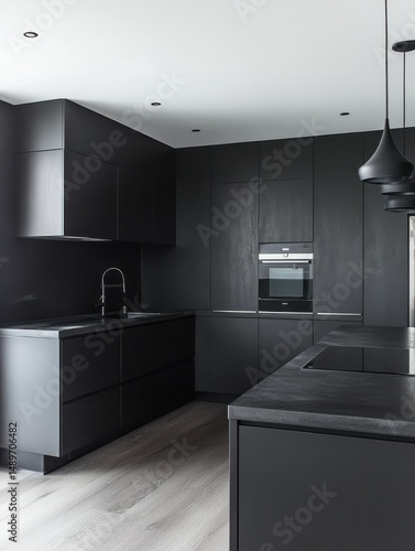 Black minimalist kitchen features clean lines and dark surfaces