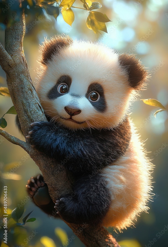 Obraz premium adorable young panda clinging to tree branch surrounded by soft golden sunlight and green leaves showing curiosity and innocence