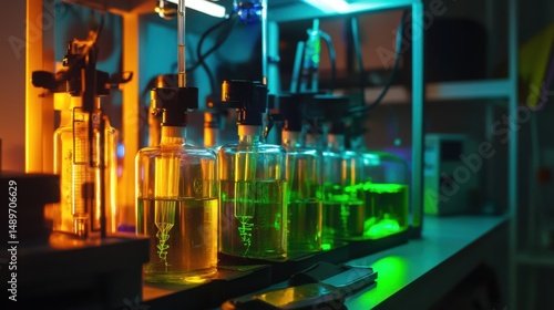 Neon-lit laboratory close-up of glowing colorful vials with emphasis on radiant green specimen  Surrealist sci-fi chemistry aesthetic
