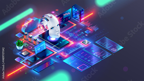 AI generates code of programs, web pages. Chatbot with AI for programming, web design creates website templates, program interfaces. Robot head above phone, laptop, tablet with program text, icons.