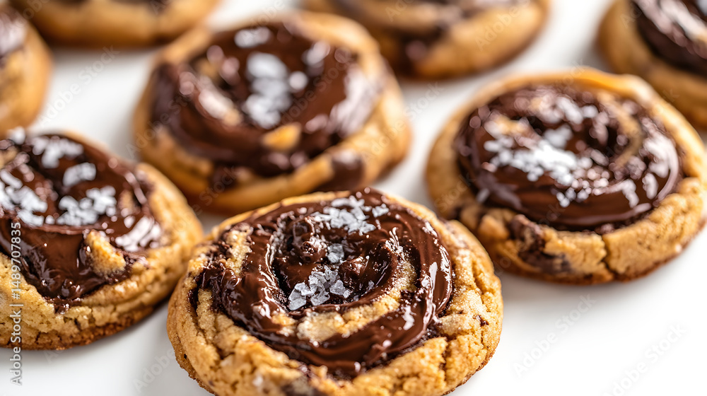 A row of chocolate covered cookies with salt sprinkled on top A row of chocolate covered cookies with salt sprinkled on top