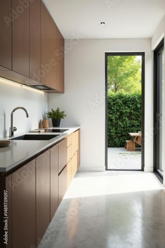 Modern Kitchen Design with Patio Access, Sunlit Floor, and Wood Cabinets