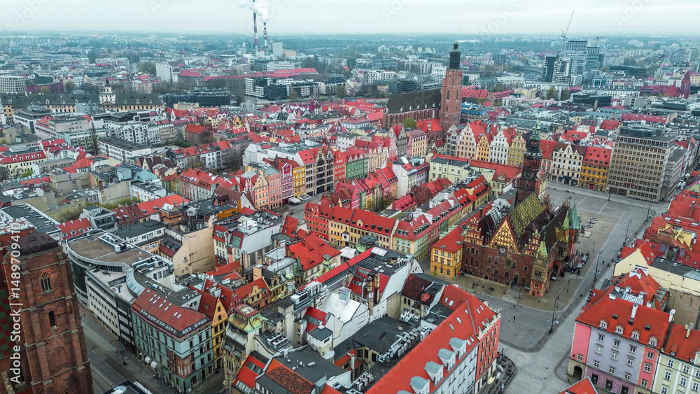 Obraz premium Aerial view of Wroclaw old town buildings