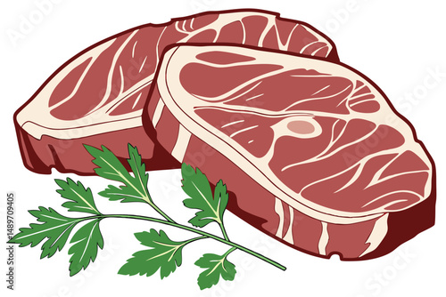 48 raw reddish pork meat, tender muscle tissue, fresh butcher's cut, green parsley garnish, high quality protein source, appetizing raw meat