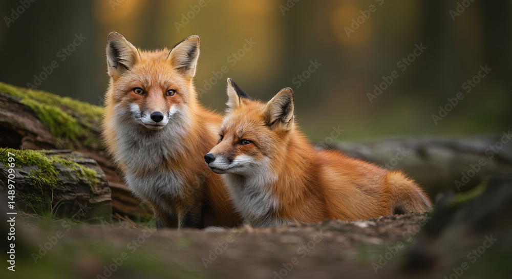 Two Alert Red Foxes Resting in a Softly Lit Forest Undergrowth Two Alert Red Foxes Resting in a Softly Lit Forest Undergrowth